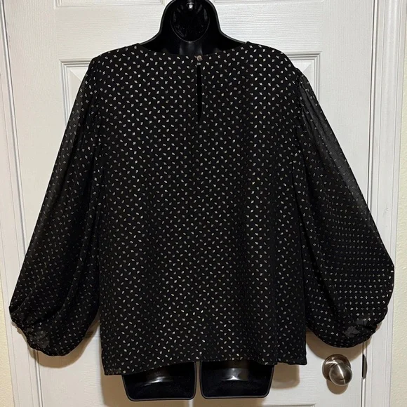 NWT Vince Camuto Black/Gold Women's Lined Blouse/Sheer Sleeves Size XL - Picture 2 of 8